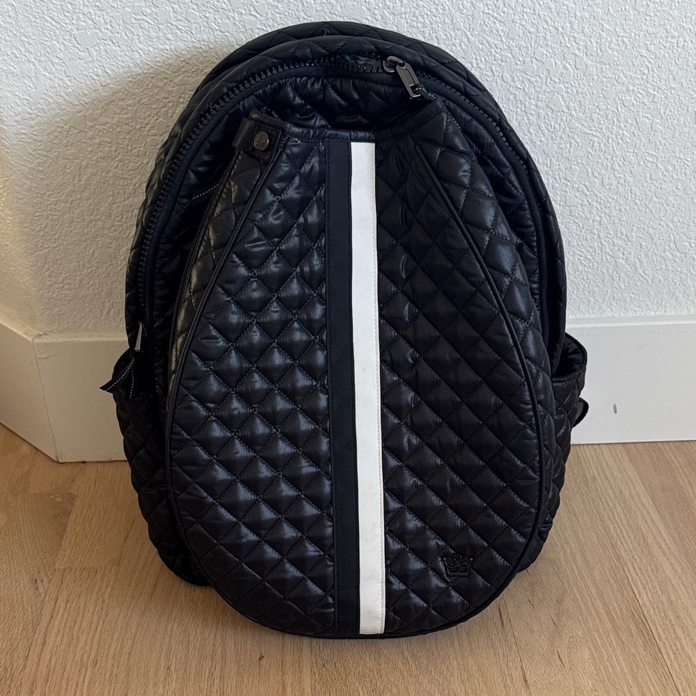 Oliver Thomas black quilted tennis backpack with white stripe